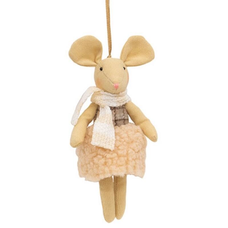 Pink-Beige Canvas Mouse Ornament with Sherpa Skirt and Ribbon Hanger - 3.75 x 2.50 x 7 in. - Beige/Pink