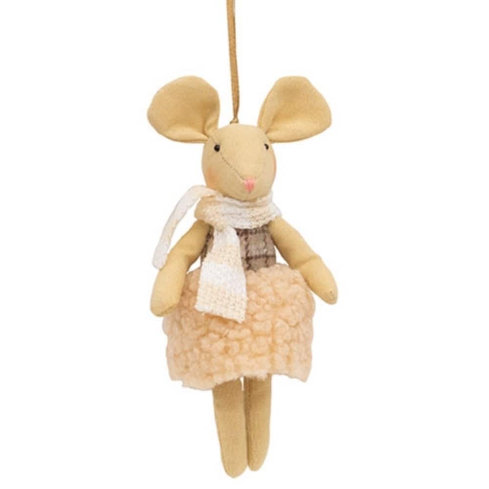 Pink-Beige Canvas Mouse Ornament with Sherpa Skirt and Ribbon Hanger - 3.75 x 2.50 x 7 in.