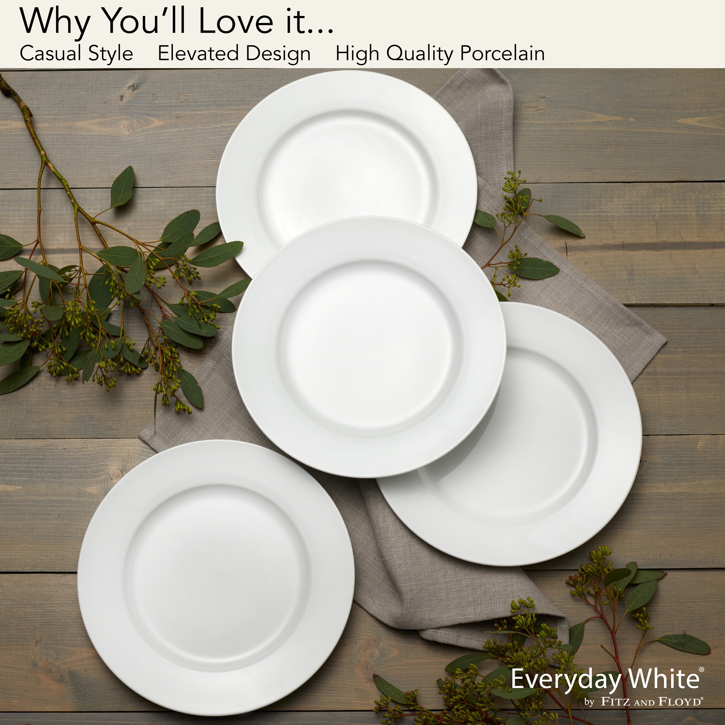 Everyday White Set of Classic Rim Dinner Plate, Inch