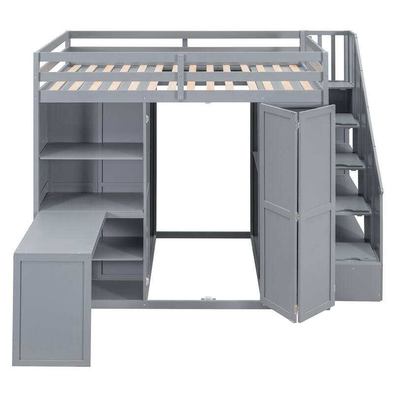 Full Size Loft Bed with Wardrobe & Desk - Space Saving Bed Frame with Built-in Shelves, for Bedroom, Dorm & Small Spaces
