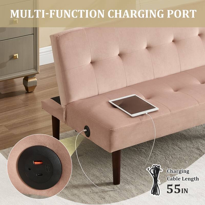 Foldable Fashion Sofa Bed High End Flannel Fabric Back Adjustable Sofa Recliner Futon, Modern Fashion Sofa with Charging Port