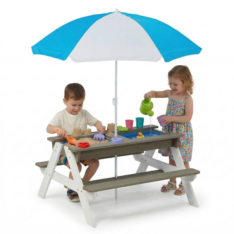 Wooden Kids Picnic Table, Sand and Water Table with Umbrella, Activity Table for Outdoor Backyard Patio Play - White+gray