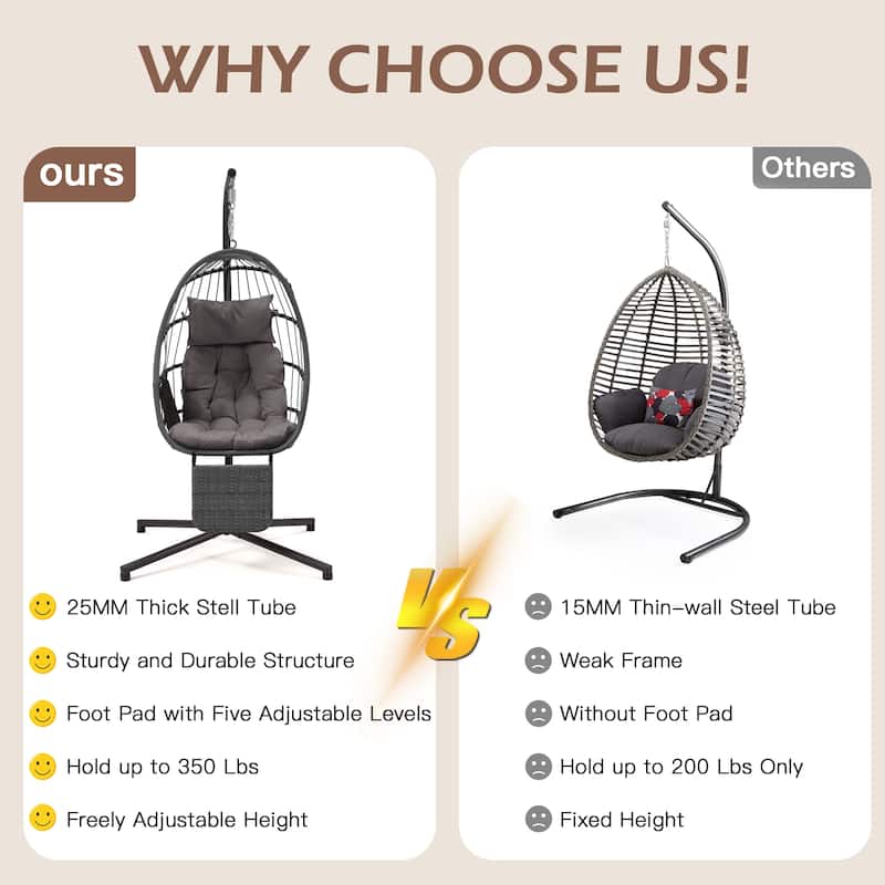 EROMMY Hanging Egg Chair with Stand, Foldable Indoor/Outdoor Swing Chair includes Cushion and Pillow, Patio Wicker Swing