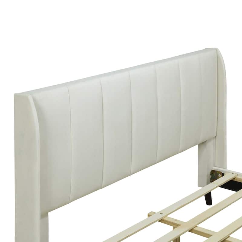 Velvet Upholstered Platform Bed with Wingback Headboard - Beige - Queen