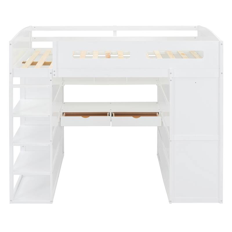 Solid Wood Loft Bed with Desk, Wardrobes, and Shelves