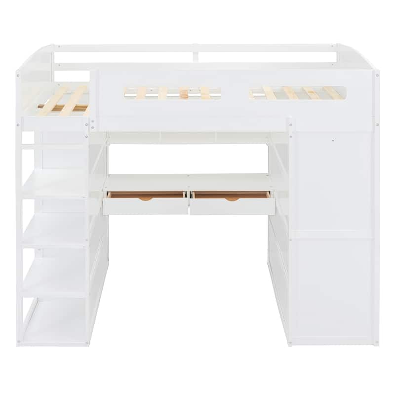 White Full Size Solid Wood Loft Bed with Desk, Wardrobes, and Shelves
