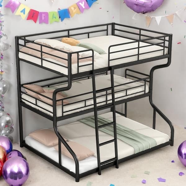 slide 2 of 13, Full XL over Twin XL over Queen Size Triple Bunk Bed with Ladder,Unique Curved Metal Frame In A Black Finish,Black Black