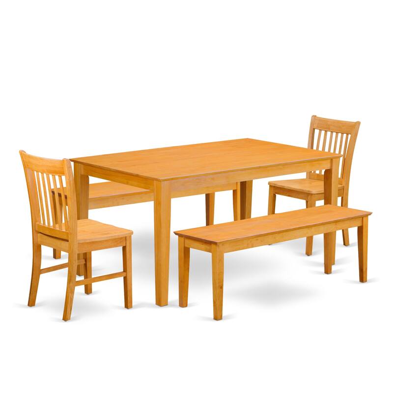 East West Furniture 5 Piece Modern Dining Table Set- a Rectangle Table and 2 kitchen Chairs with 2 Benches, Oak (Seat Options)