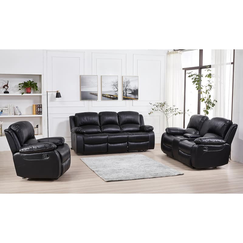 Betsy Furniture 3 Piece Bonded Leather Reclining Living Room Set, Sofa, Loveseat and Glider Chair - Black