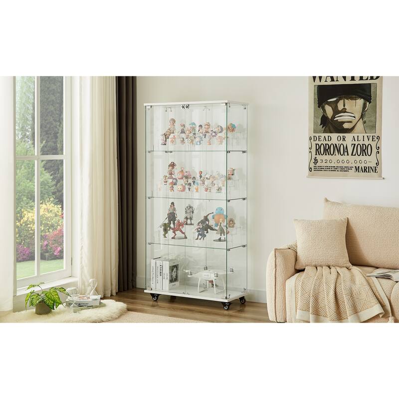 4 Tier Glass Display Cabinet, Double Door Glass Cabinet with Two Locks, Floor Standing Storage Cabinet with 6 Acrylic Shelves