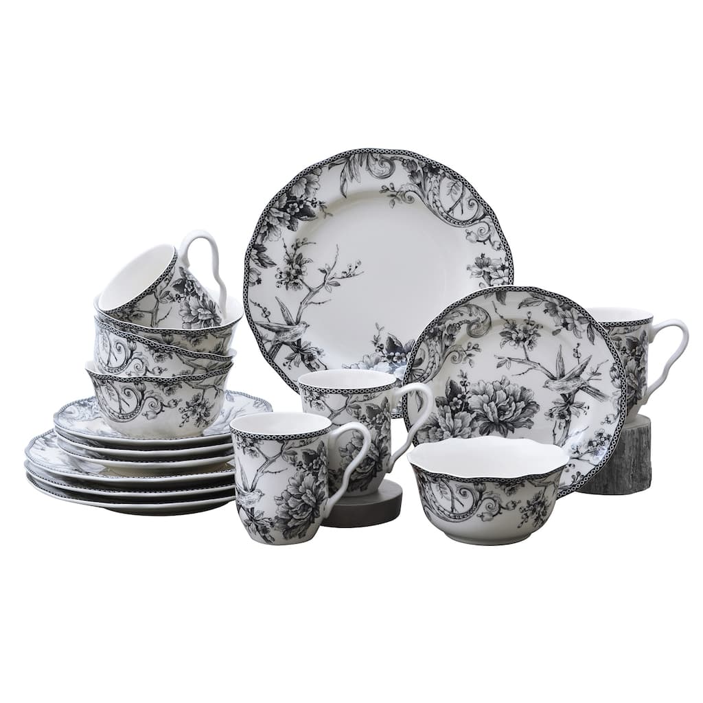 222 Fifth Adelaide 16-Piece Porcelain Dinnerware Set with Round Plates, Bowls, and Mugs, Black