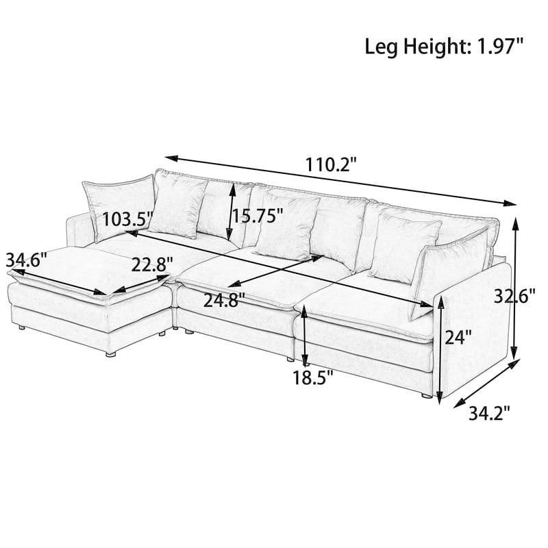 110.2" Chenille Three Seater Upholstered Sofa, Ottoman