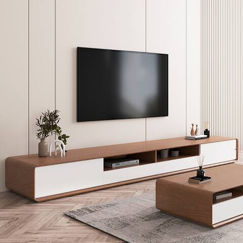 Modern Wood White TV Stand, Lowline Media Console with 4 Drawers, Open Storage Cabinet, Walnut Veneer, Fully-assembled, 78"