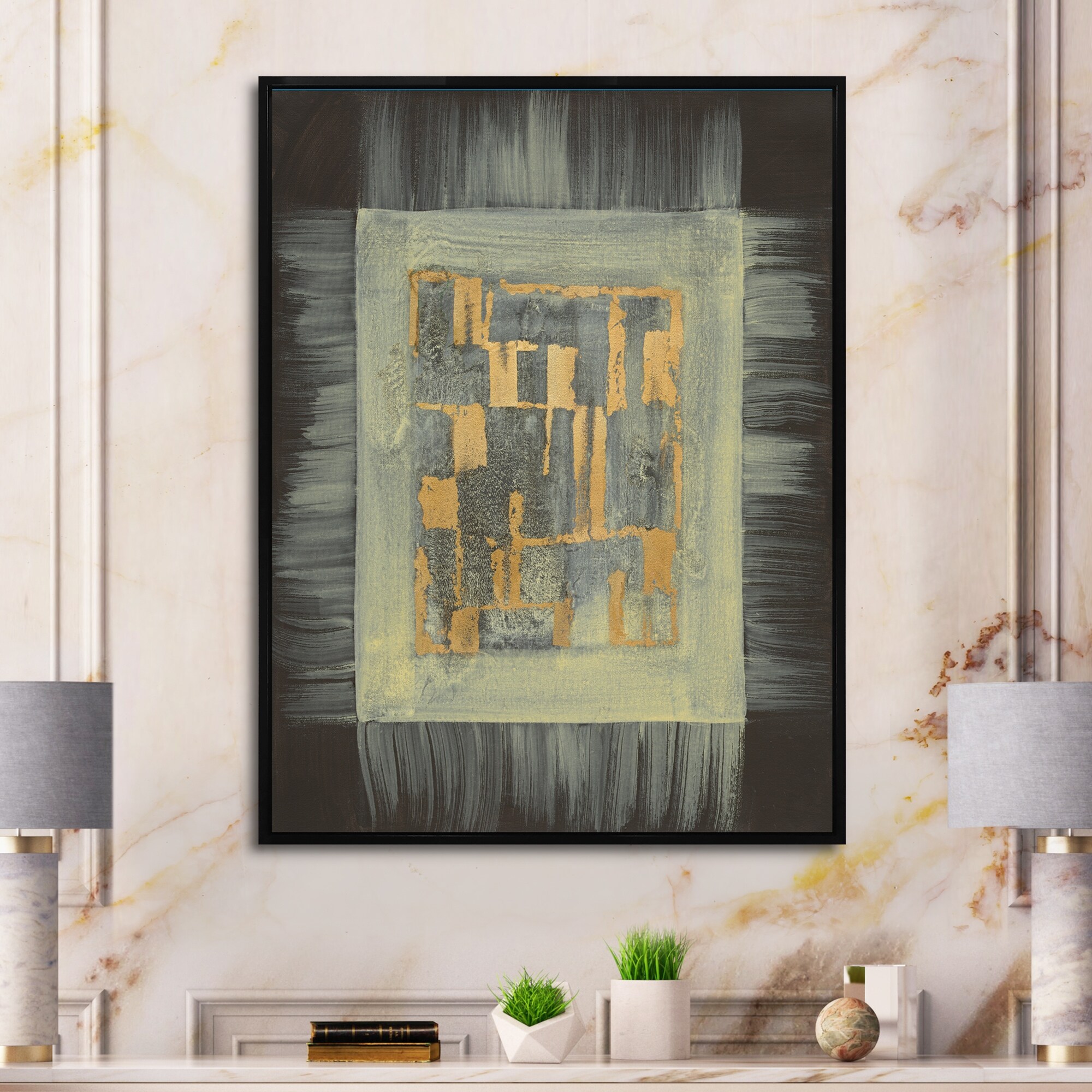 Designart Gold Geometric Tapestry Ii Modern Transitional Framed Canvas Gold 16x32 White Frame