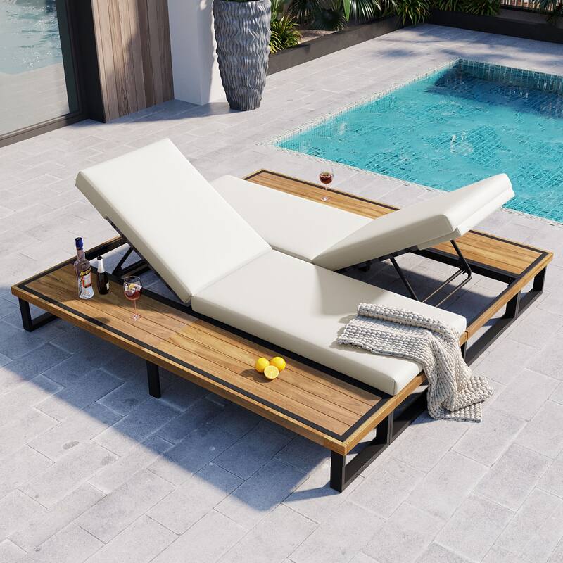 Outdoor Lounge Chair Set of 2 with 5 Position Adjustable Backrest, Iron Patio Loungers Recliners with Wood Side Table