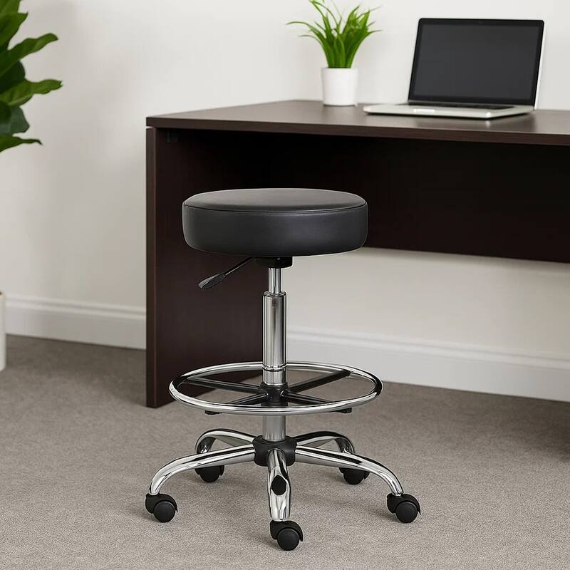 Fea Medical Drafting Stool, Round Black Vinyl, Chrome Footring