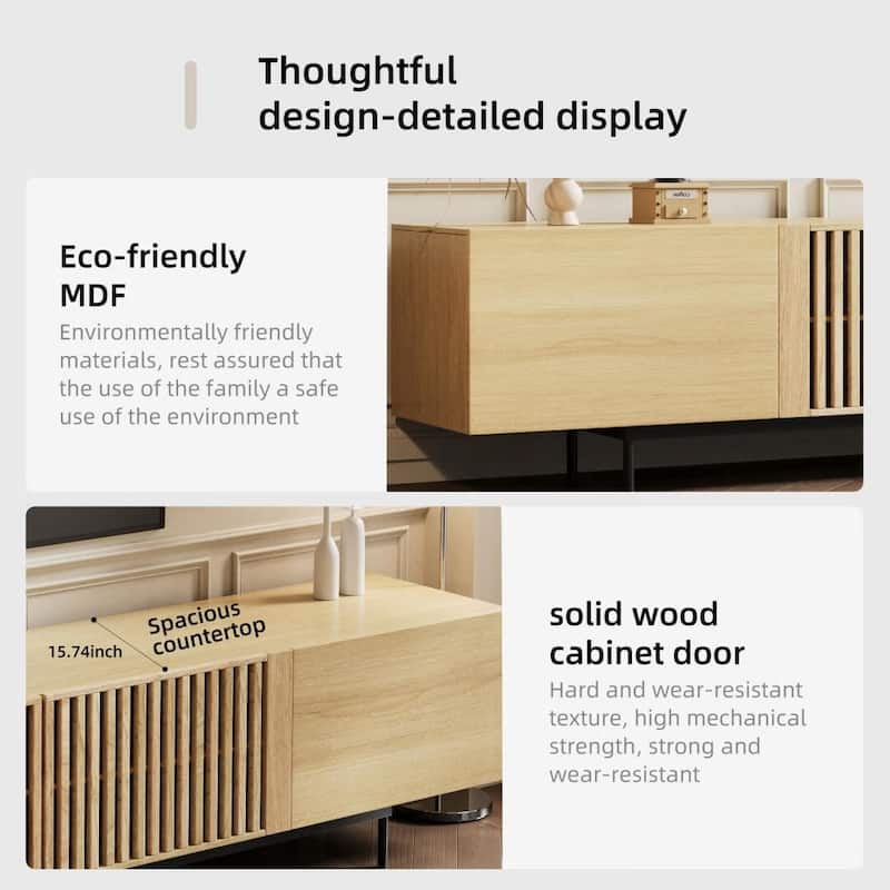 Stylish mid-century modern TV stand for up to 80" TVs. Ample storage for media devices, cable management. easy assembly.