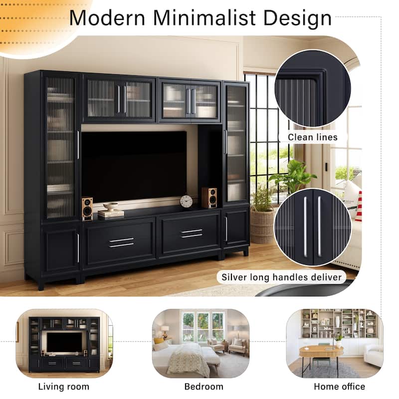102" Modern Wall Entertainment Center with Fluted Glass Doors, Large TV Stand Media Console for TVs up to 75"