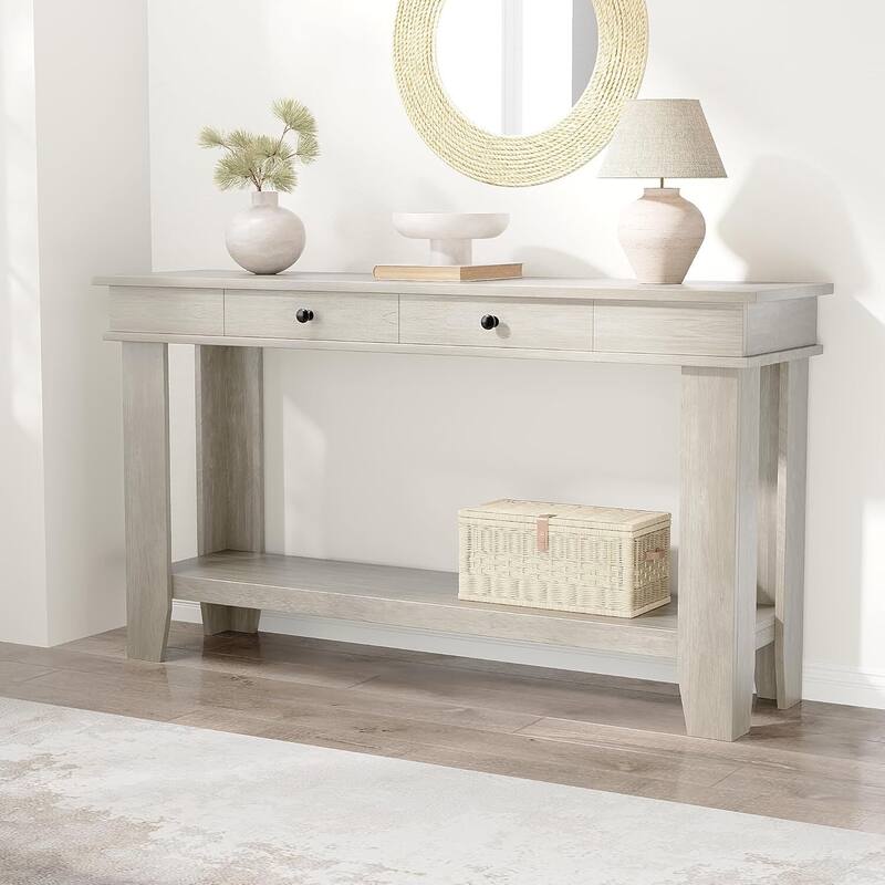 2 Tier Farmhouse Entryway Table, Console Table with 2 Storage Drawers - Grey