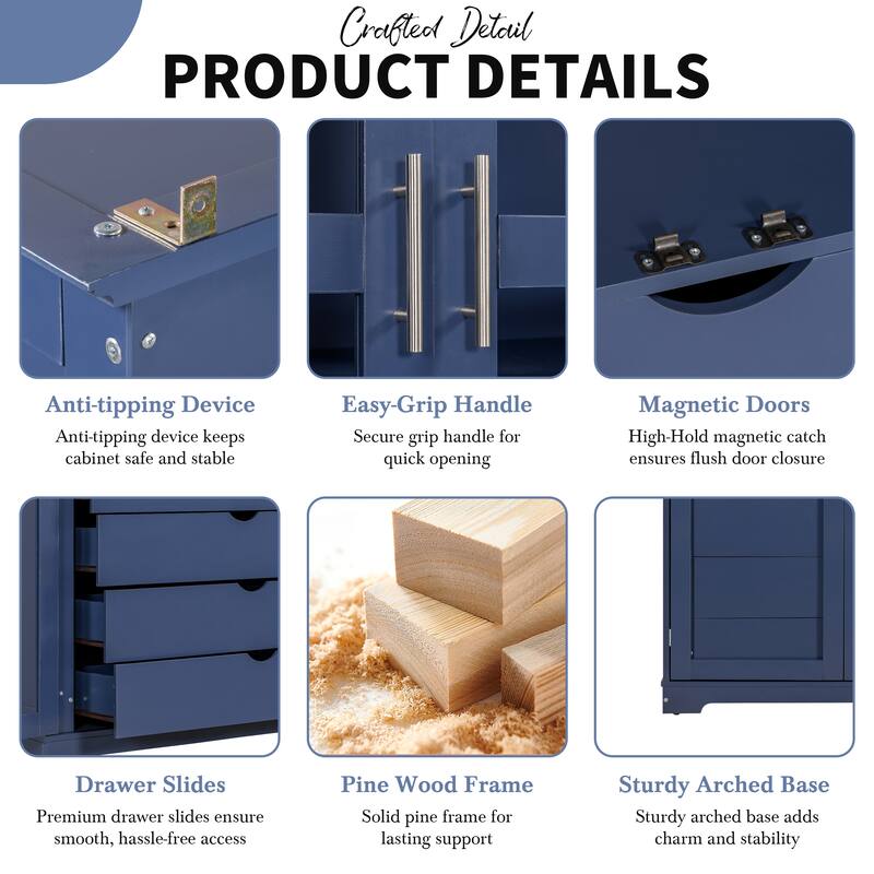 Freestanding Kitchen Storage Cabinet Display Cabinet with Glass Doors and 4 Built-in Drawers for Living Room, Home Office