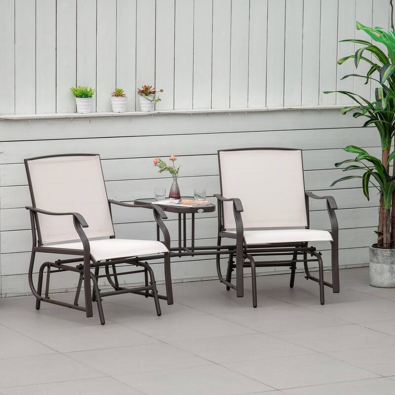 2-Person Outdoor Glider Loveseat with Built-In Table, Dual Rocking Patio Chairs with Steel Frame and Breathable Sling Fabric