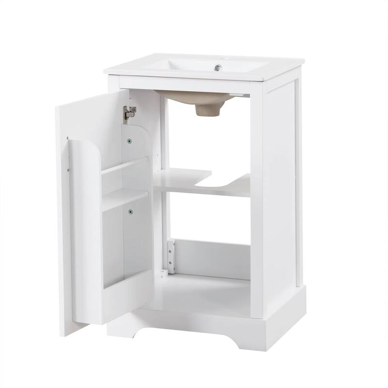 20" White Bathroom Vanity with Ceramic Sink, Soft Closing Door, Adjustable Shelve & Storage Rack, Freestanding Design
