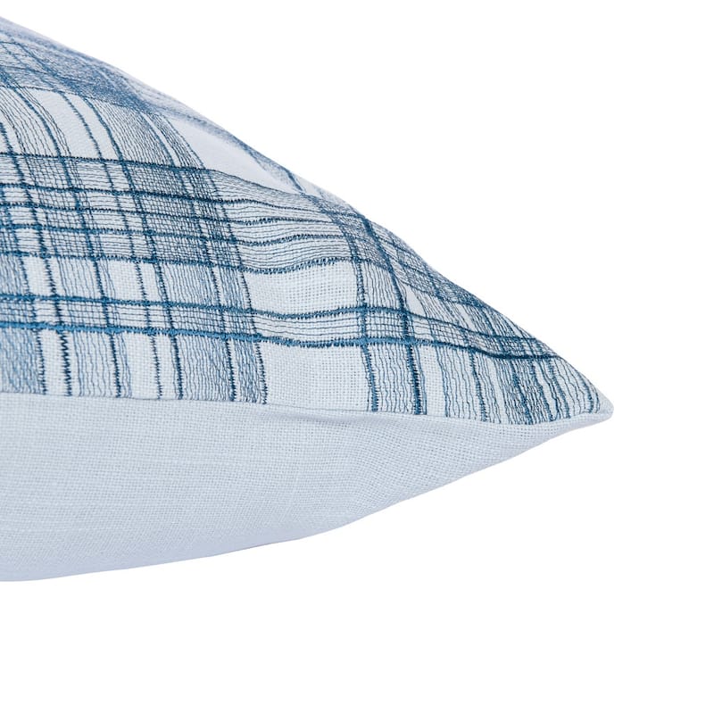 HomeRoots 20" Blue Check Cotton Blend Throw Pillow With Embroidery