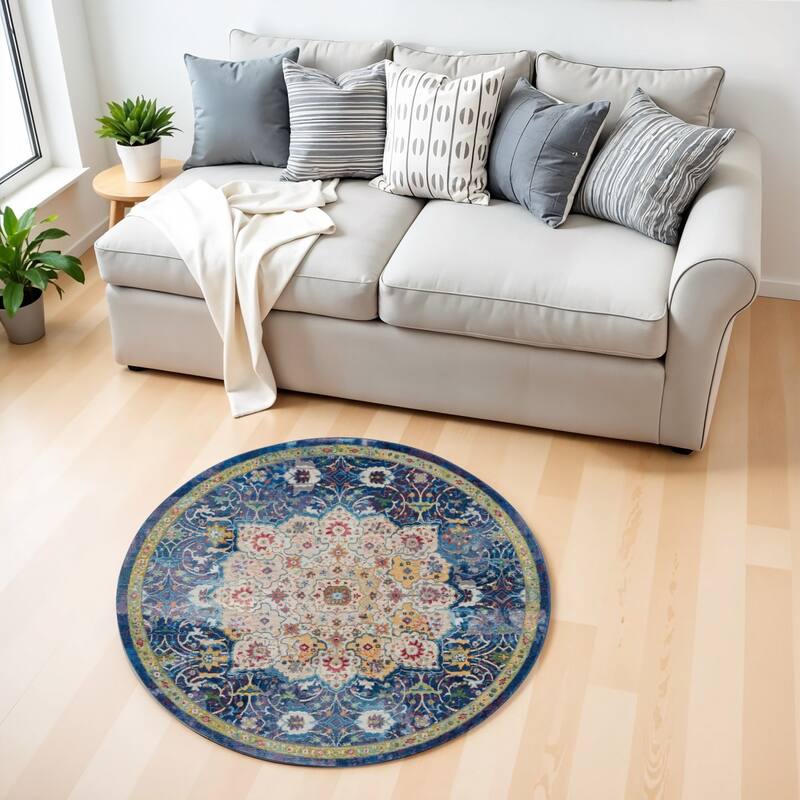 Power Loomed Distressed Geometric Traditional Non Skid Stain Resistant Area Rug - 48' X '48' X '0.5 - 48' X '48' X '0.5 - Oxford Blue - Round
