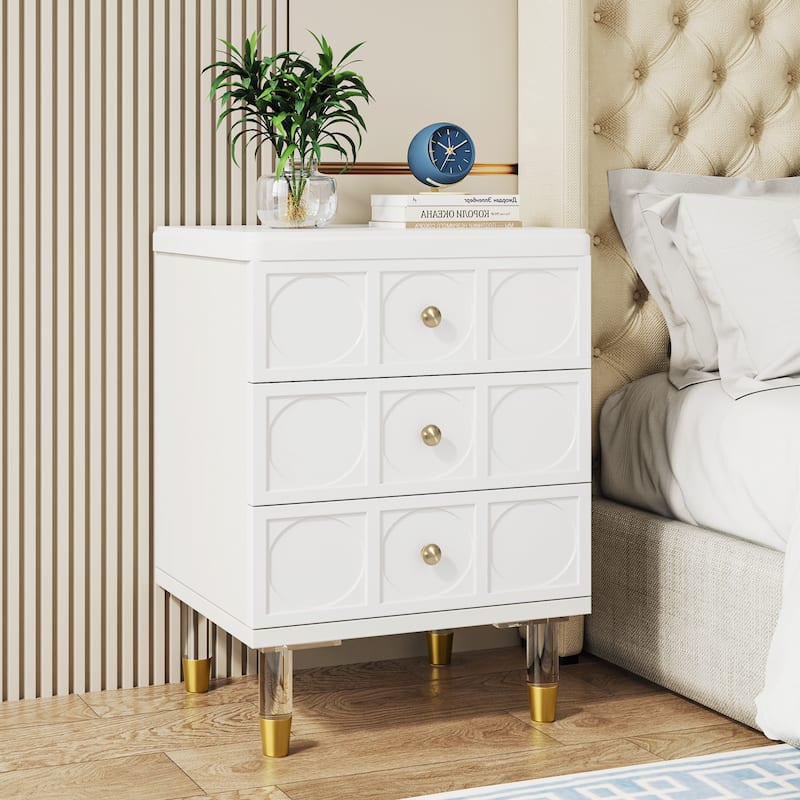 3-Drawer Nightstand Bedside Table,Bedroom Tall Night Stands with White and Gold finish Sofa End Table with Storage - White