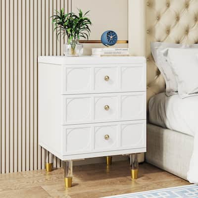 3-Drawer Nightstand Bedside Table,Bedroom Tall Night Stands with White and Gold finish Sofa End Table with Storage