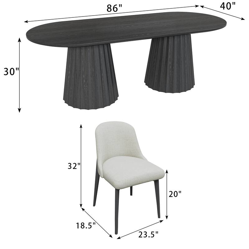 86" Modern Oval Dining Table Set with 8 Upholstered Chairs Textured Wood Top & Dual Pleated Pedestal Base