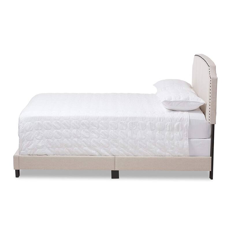 Queen Size Bed Modern Upholstered Beige Fabric Bed Frame Contemporary Design Nailhead Trim