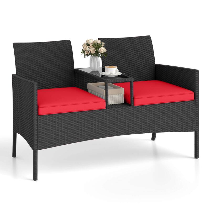 Costway Patio Loveseat with Built-in Table Soft Cushions & Tempered - See Details - Red