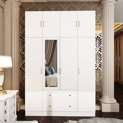 4 Door Wardrobe Large Storage Cabinet Armoire with Mirror and 2 Drawer