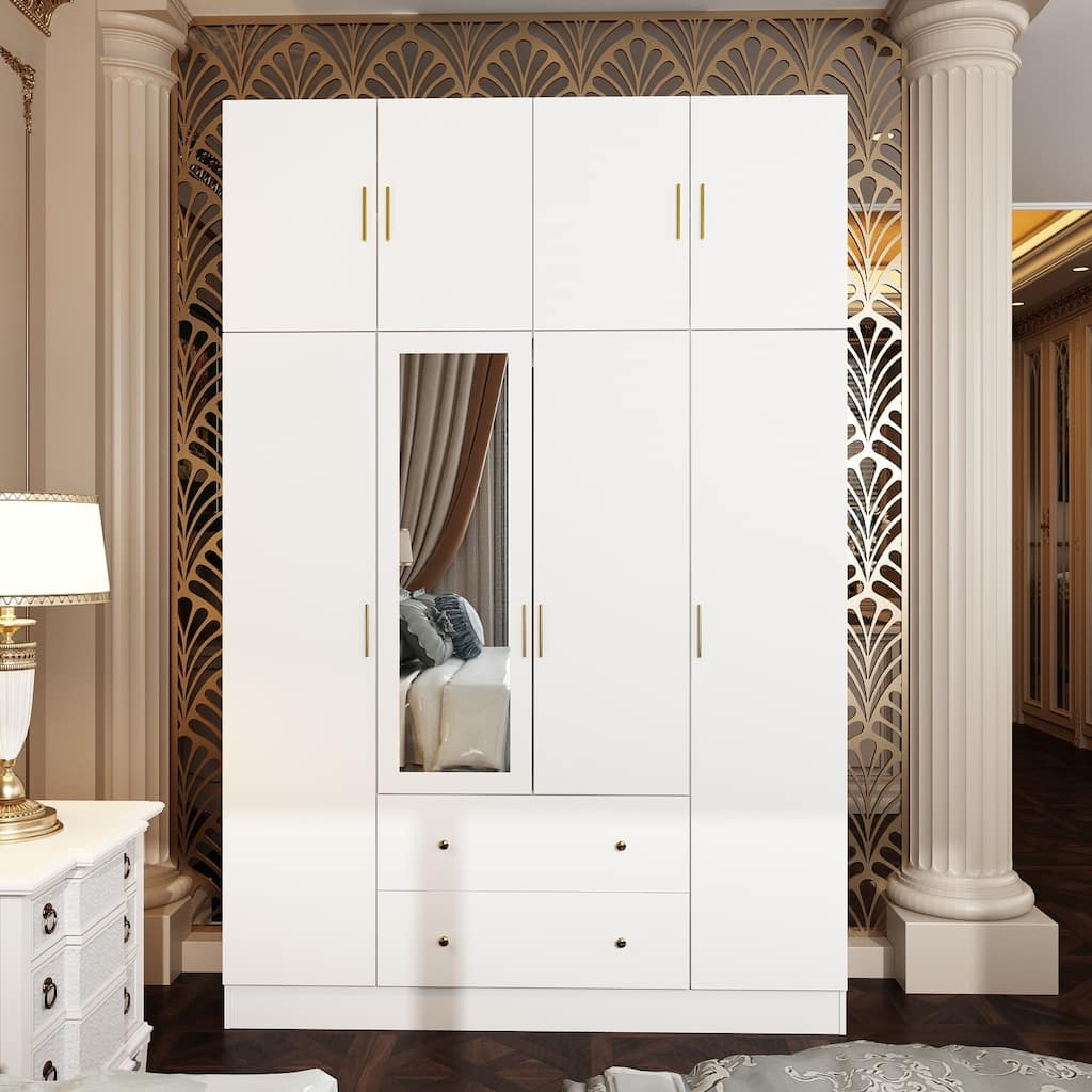 4 Door Wardrobe Large Storage Cabinet Armoire with Mirror and 2 Drawer
