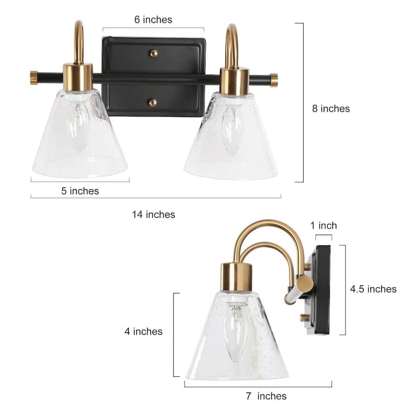 Modern Glam 2-Light Brass Crooked Arms Seeded Glass Bathroom Vanity Light - 14"W x 7"D x 8"H