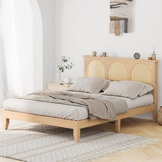 Boho Rattan Bed Frame, Wooden Bed Platform with Storage, Natural Rattan ...