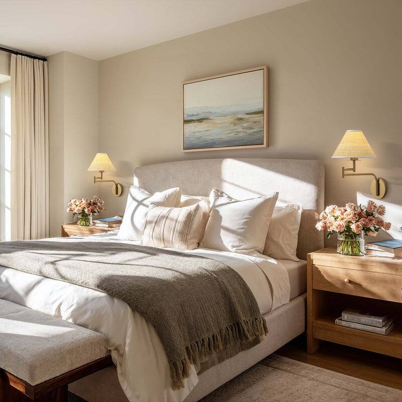 Rowabi Naia Rattan Sconce Metal, Raffia & Natural Beige, Gold 1-Light Handwoven Wall Sconce for Bedroom, Hallway in Modern Style