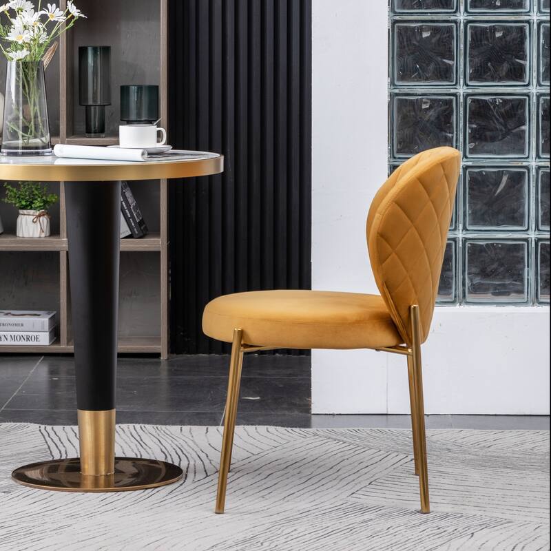 Velvet Upholstery Dining Chair, Yellow Fabric Dining Chairs, Gold Finish Club Guest Office Chairs, Kitchen Side Comfy Chairs - Yellow