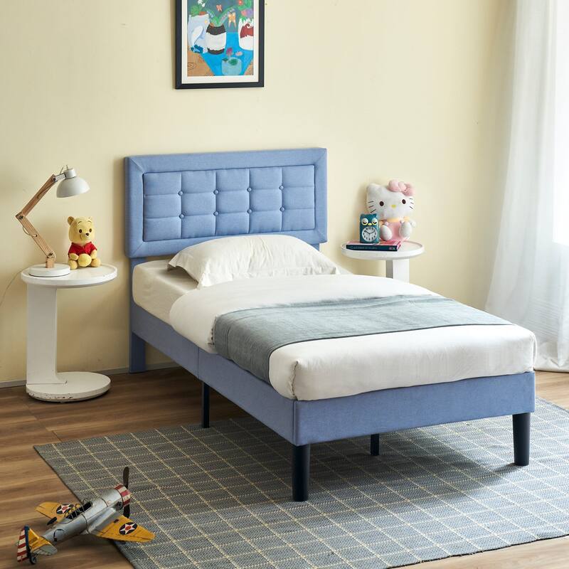 VECELO Tufted Upholstered Kids Bed with Adjustable Headboard,Twin Size Bed Set of 2