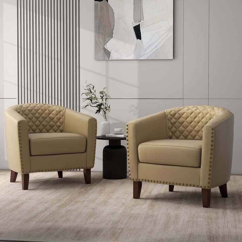 Faux Leather Tufted Nailheads Upholstered Barrel Accent Chairs - 2 Set - Beige