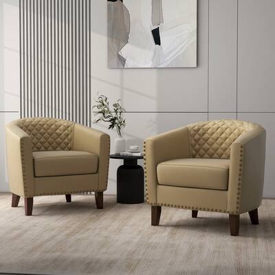 Modern Faux Leather Tufted Nailheads Accent Barrel Chair Set of 2