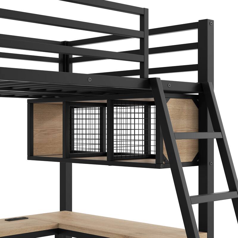 Roomfitters Metal Twin L-Shaped Loft Bed with 2 Desks, LED Lights and Charging Station, Black
