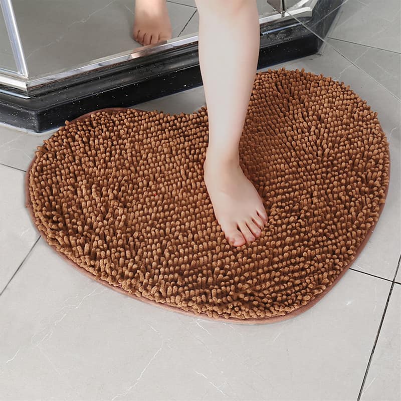 Heart Shaped Chenille Bath Rugs Soft Absorbent Shaggy Bath Mats Non-Slip Plush Bath Carpet for Shower, Bedroom, Bathtub - Brown - 24" x 28"