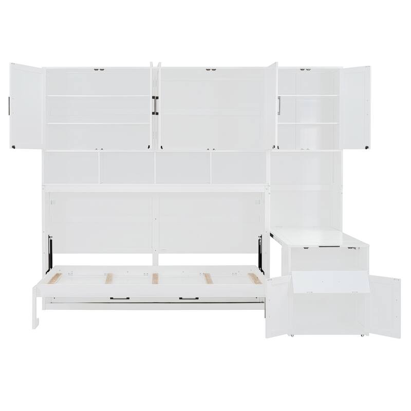 Roomfitters Twin Size Murphy Bed with Closet, Drawers and Desk, Convertible Wall Bed for Small Spaces, White