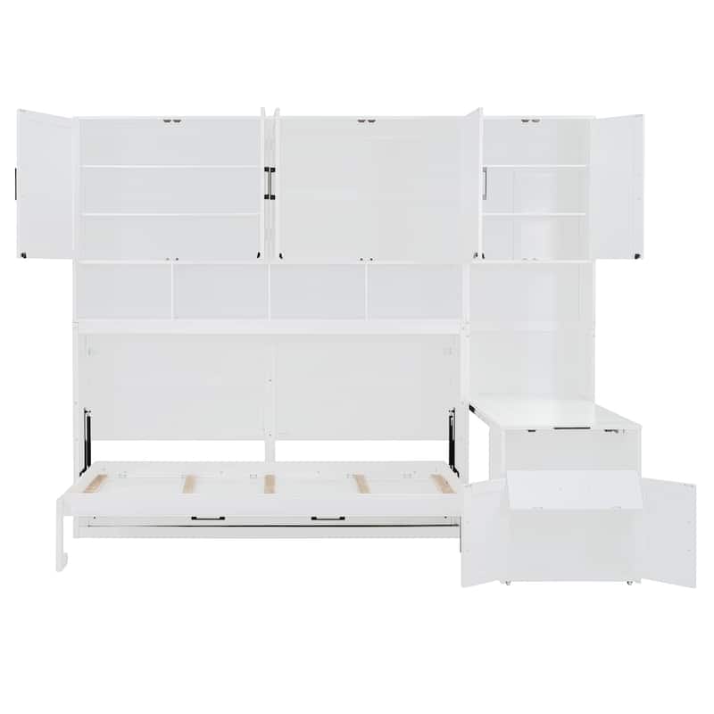 Twin Size Murphy Wall Bed with Closet, Drawers, and Desk, Space-Saving Storage Solution