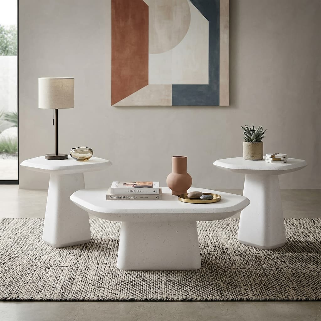 Furniture of America Pebba Modern 3-Piece White Ceramic 37-inch Coffee Table Set with 2 End Tables