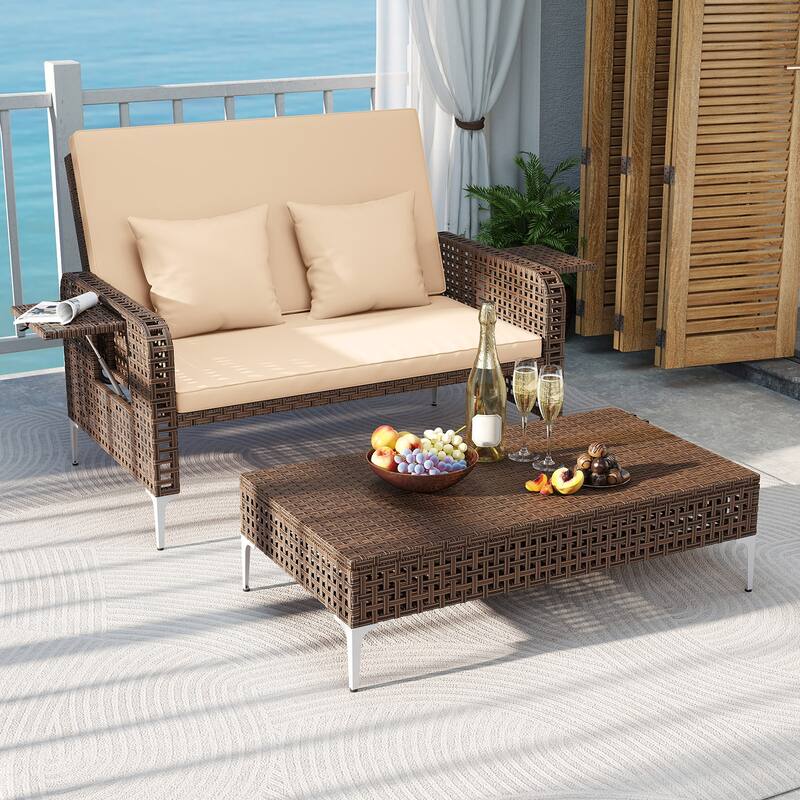 2 Piece Mix Brown Rattan Outdoor Daybed Loveseat and Ottoman Set with Adjustable Backrest - 50” x 48” x 35”