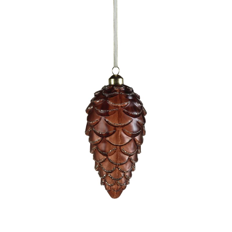Frosted Glass Pine Cone Ornaments w/ Glitter Trim, Set of 6