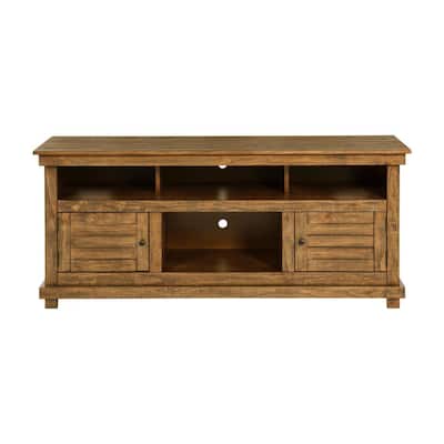 2 Doors and 4 Open Shelves Wooden TV Stand in Distressed Brown